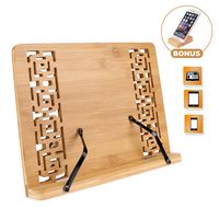 Joyoldelf Middle Size BamBoo Reading Book Stand with a Phone Holder- Rest Cookbook Holder, Foldable Tablet Cook Book Stand Bookrest with Adjustable Backing & Elegant Pattern, 13.4'' x 9.4'' x 1.7''