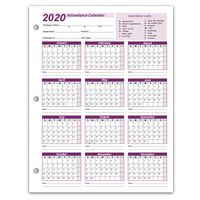 Work Tracker Attendance Calendar Cards- 8 ½ X 11 Cardstock/Pack of 25 Sheets (2020)