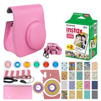 Fujifilm Instax Mini Twin Pack Instant Film (20 Exposures) + Hard Glitter Case + Scrapbooking Album + Striped Strap + Camera Sticker + Lens Filters + 20 Sticker Frames Travel Package (Pink)