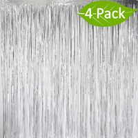 Deruicc 4 Pack Silver Foil Curtains 3ft x 8ft Tinsel Fringe Curtains Shimmer Curtain Birthday Wedding Party Christmas Photo Booth Backdrop Decorations