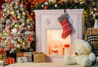 Leowefowa 7x5ft Christmas Backdrop Vinyl Indoor White Fireplace Candles Red Stocking Bear Toy Decorated Christmas Tree Floor Gifts Carpet Background Child Toddler Adult Xmas Party Photo Shoot Studio