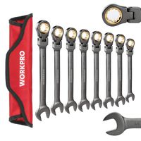 WORKPRO 8-piece Flex-Head Ratcheting Combination Wrench Set, Cr-V Constructed, Nickel Plating with Organizer Bag