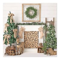 Mehofoto Christmas Fireplace Backdrop White Wood Floor Green Christmas Tree Photography Background 8x8ft Vinyl Elk Merry Christmas Indoor Decor Portrait Backdrops