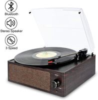 Bluetooth Record Player Belt-Driven 3-Speed Turntable, Vintage Vinyl Record Players Built-in Stereo Speakers, with Headphone Jack/ Aux Input/ RCA Line Out, Brown Wooden