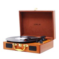 JORLAI Vinyl Record Player, 3 Speed Suitcase Turntable with Speakers, Portable LP Vinyl Player Aux-in, Headphone Jack, and RCA Output - Natural Wood
