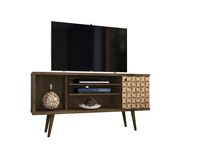 ModHaus Living Mid Century Modern TV Stand Media Cabinet with 5 Shelves 1 Door and Solid Wood Legs - Includes Pen (Rustic Brown)