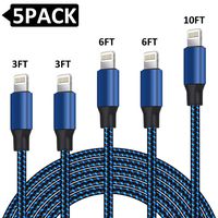 Binecsies MFi Certified iPhone Charger Lightning Cable 5 Pack Extra Long Nylon Braided USB Charging & Syncing Cord Compatible iPhone Xs/Max/XR/X/8/8Plus/7/7Plus/6S/6S Plus/SE/iPad/Nan More Blue