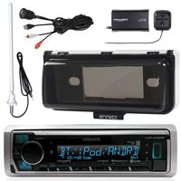 Kenwood Marine Bluetooth Receiver, SiriusXM Satellite Radio Tuner Kit, Enrock AM/FM Antenna (White), Enrock Marine Single Din Radio Dash Protector (White), USB AUX Stereo Interface