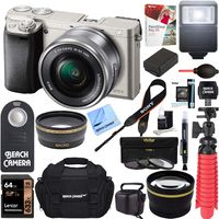 Sony Alpha a6000 Silver Interchangeable Lens Camera 16-50mm Power Lens + 64GB Card + DSLR Photo Bag + Extra Battery + Wide Angle Lens + 2X Telephoto Lens + Flash + Remote + Tripod