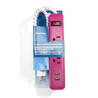Bright-Way Grounded Power Strip - 3 Outlet, 2 USB - Pink