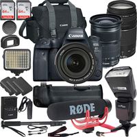 Canon EOS 6D Mark II DSLR Camera with Battery Grip + Canon 24-105mm STM Lens + Canon 75-300mm Lens + Rode Microphone + x2 64GB Memory Cards + TTL Flash + x3 Batteries + LED Light + TTL Flash and More