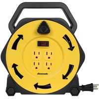 DEWENWILS Extension Cord Reel with 25 FT Power Cord, Hand Wind Retractable, 16/3 AWG SJTW, 4 Grounded Outlets, 13 Amp Circuit Breaker, Yellow/Black, UL Listed