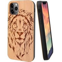 iProductsUS Wood Phone Case Compatible with iPhone 11 Pro Max, Cool Lion Engraved in USA, Metal Plate Built-in, TPU Bumper Protective Cover (6.5 inch)