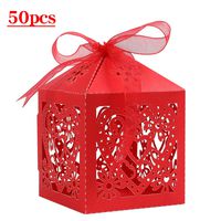Lucky Monet 25/50/100PCS Love Heart Laser Cut Wedding Candy Gift Box Chocolate Box for Wedding Favor Birthday Party Bridal Shower with Ribbon (50pcs, Red)