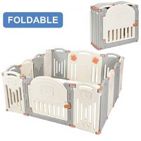 Costzon Baby Playpen, 14-Panel Foldable Kids Safety Activity Center Playard w/Locking Gate, Non-Slip Rubber Mats, Adjustable Shape, Portable Design for Indoor Outdoor Use (Beige + Gray, 14-Panel)