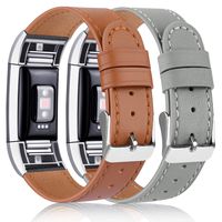 Tobfit 2 Pack Leather Bands Compatible with Fitbit Charge 2 Bands for Women Men, Soft Genuine Leather Accessories Replacement Wristband (Brown & Gray, 5.5''-8.1'')