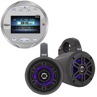 Lanzar Waterproof Bluetooth Marine Digital Media Receiver Stereo Radio Round Silver, 4" Waterproof Marine Wakeboard 300 Watt LED Tower Speakers (Black) - Pair