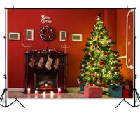 Mehofoto Christmas Tree Backdrop Christmas Fireplace Gift Tree Photography Background 7x5ft Vinyl Merry Christmas Red House Socks Home Decor Backdrops