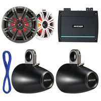 Marine Speaker And Amp Package: 2x Kicker KM654LCW 6.5" Marine Coaxial Speaker Bundle Combo W/ 2x 6 1/2" Wakeboard Tower Enclosures + Kicker KXM400.2 Audio Amplifier + Enrock 50Ft 16g Speaker Wire