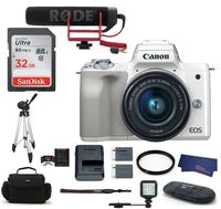 Canon EOS M50 Mirrorless Digital Camera with 15-45mm Lens Video Creator Kit - White (USA Warranty) Bundle, Includes: 32GB SDHC Class 10 Memory Card + Tripod + Spare Battery + LED Ligth + More