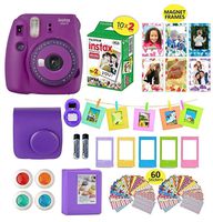 Fujifilm Instax Mini 9 Camera Purple + 20 Instant Fuji-Film Sheets, Instant Camera Case + 14 PC Instax Accessories Bundle, Fuji Mini 9 Kit Gift, 2 Albums, Lenses, 5 Desk Frames+ 60 Stickers