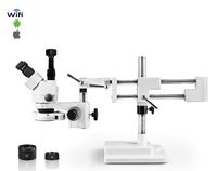 Vision Scientific Simul-Focal Trinocular Zoom Stereo Microscope, 10x Widefield Eyepiece, 0.7X-4.5X Zoom Range, 7X-45x Magnification Range, Double Arm Boom Stand 5MP WiFi Digital Camera