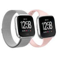 AKALE Metal Bands Compatible with Fitbit Versa/Versa 2/Versa Lite, Stainless Steel Metal Band Mesh Bracelet with Strong Magnet Lock Wristbands Replacement Bands for Women Men-Silver +Sand Pink Small