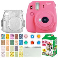 Fujifilm Instax Mini 9 Instant Camera (Flamingo Pink) + Fujifilm Instax Mini Twin Pack Instant Film (20 Exposures) + Glitter Hard Case + Colored Filters + Album + Sticker Frames Nature Package