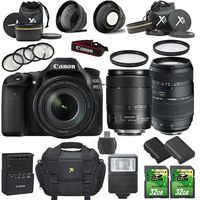 Canon EOS 80D 24.2MP DSLR Camera with Canon EF-S 18-135mm f/3.5-5.6 IS USM Lens + Tamron 70-300mm AF Lens + 2pc 32GB SD Cards + Extra Battery + Auxiliary Lens Kit + Flash + 6pc Filter Kit + Case