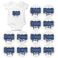 Gift Set of 12 Round Monthly Baby Stickers with Dachshunds Doxies Dogs Puppy Puppies in Navy Blue MOSB9012