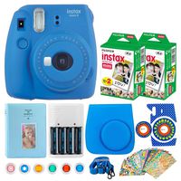 Fujifilm Instax Mini 9 Instant Film Camera (Cobalt Blue) + Fujifilm Instax Mini Instant Film (40 Shots) + Camera Case + 4 AA Batteries & Charger + 6 Colored Filters + 20 Sticker Frames Travel Package