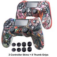 Silicone Skin for PS4 Controller - Silicone Cover Skin Case for PS4/slim/Pro - 2 Pack Dragon with Thumb Grips x 8 - Water Transfer Printing Silicone Protector Case Set for Dualshock 4 Controller