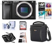 Sony Alpha A6000 Mirrorless Digital Camera Body, Black, 24.3MP - Bundle with Case, 16GB Class 10 SDHC Memory Card, Cleaning Kit, Slinger Memory Case, Software Package