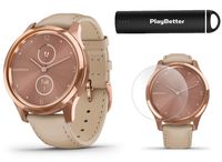 Garmin vivomove Luxe (Light Sand/18K Rose Gold) Power Bundle | 2019 Model | +HD Screen Protectors & PlayBetter Portable Charger | Elegant & Sophisticated | Hybrid Smartwatch