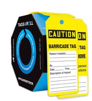 Accuform TAR136 Tags by-The-Roll Inspection and Status Tags, Legend"Caution Barricade TAG", 6.25" Length x 3" Width x 0.010" Thickness, PF-Cardstock, Black on Yellow (Pack of 100)