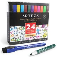 ARTEZA Magnetic Dry Erase Markers with Eraser, Pack of 24 (with Fine Tip), 12 Assorted Colors with Low-Odor Ink, Whiteboard Pens is perfect for School, Office, or Home