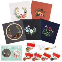 Caydo 5 Sets Embroidery Starter Kit with Pattern and Instructions, Cross Stitch Kit Include 5 Embroidery Clothes with Floral Pattern, 1 Bamboo Embroidery Hoops, Color Threads and Tools
