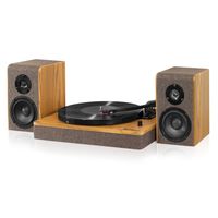 Victrola Modern 3-Speed Bluetooth Turntable with 50 Watt Speakers, Oak Wood and Burlap Fabric Finish