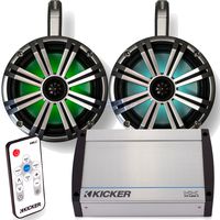 Kicker Marine 8" LED Tower System - White Enclosures, Silver Speakers, Kicker 40KXM400.4 400 Watt Amplifier