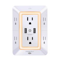 USB Wall Charger, Surge Protector, POWRUI 6-Outlet Extender with 2 USB Charging Ports (2.4A Total) and Night Light, 3-Sided Power Strip with Adapter Spaced Outlets - White，ETL Certified (Renewed)