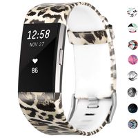 SKYLET Compatible with Fitbit Charge 2 Bands, Silicone Printed Replacement Bands for Fitbit Charge 2 Accessory Wristbands (No Tracker)[Yellow Leopard Print, Large]