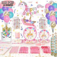 218 Pack Unicorn Party Supplies Set, Unicorn Birthday Packs Includs Flatware,Spoons,Plates,Tablecloth,Cups,Straws,Napkins,Invitation cards, Balloon,Box,Banner,Cake Topper
