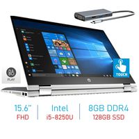 HP X360 15.6-inch 2-in-1 Touchscreen FHD IPS WLED-Backlit Display Laptop PC, 8th Gen Quad-Core Intel i5-8250U (>i7-7500U), 8GB DDR4 RAM, 128GB SSD, WiFi, Bluetooth, Webcam, Windows 10 w/Type-C Hub