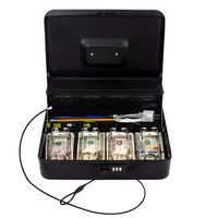 Cash Box by OSAFE - Money Box with Lock & Security Cable - Cash Safe Box with New Lid Coin Tray, 5 Compartments, 4 Spring Loaded - Large 3.5H x 9.5W x 11.8L Inch Metal Money Box with Combination Lock