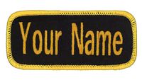 Name Patch Uniform Work Shirt Personalized Embroidered Black with Gold Border. Hook Fastener.