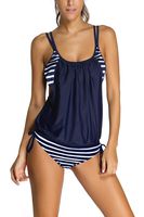 Dokotoo Womens Stripes Lined Up Double Up Tankini Top Bikini Swimwear,(US 2-4)S,Navy