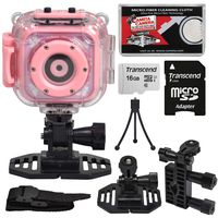 Precision Design K1 Kids HD Action Camera Camcorder (Pink) with Helmet & Handlebar Bike Mounts + 16GB Card + Mini Tripod + Kit