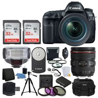Canon EOS 5D Mark IV DSLR Camera + EF 24-70mm f/4L is USM Lens + Digital TTL Flash + Canon Wireless Remote + Heavy Duty Tripod + Extra Battery + Large Gadget Bag + Macro & UV Filters + Accessories