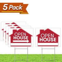 Open House Real Estate Signs - [Upgraded] 5 Double Sided Red Property Yard Sign Bulk Pack & 5 Heavy Duty Rust Free H Wire Stakes - Large Directional Arrows - 18"x 24" Realtor Agent Supplies
