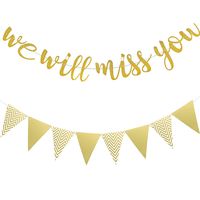 We Will Miss You Banner Gold Glitter Banner and Triangle Flag Banner for Retirement Farewell Going Away Office Work Party